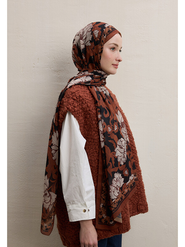 Fresh Scarfs Leone Desen İpek Krep Şal Bakır