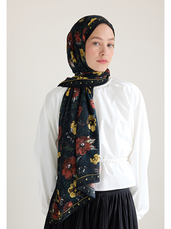 Fresh Scarfs Tıny Garden Floş Viskon Şal Siyah