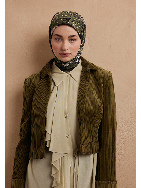 Fresh Scarfs Sıara Desen Pamuk İpek Eşarp Askeri Yeşil