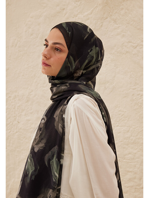 Fresh Scarfs Summer Rose Desen Rami Şal Siyah