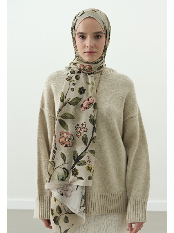 Fresh Scarfs Flower Rain Desenli Pamuk Viskon Şal Bej