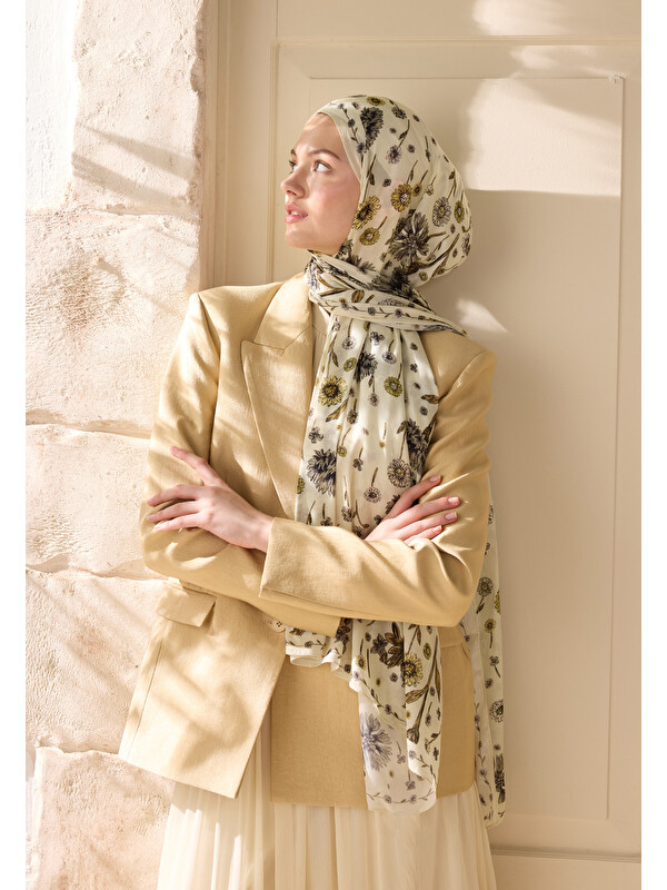 Fresh Scarfs Bloomıng Dahlıa Desen Rami Şal Soft Sarı