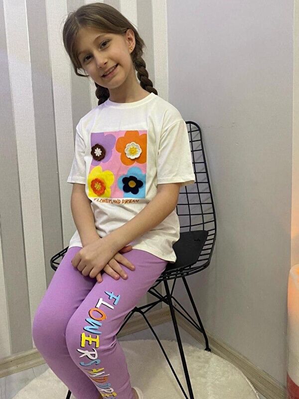 Mnk Baby & Kids Kız Çocuk 3D Çiçek Motifli Yazlık Taytlı Badi Takım M00713