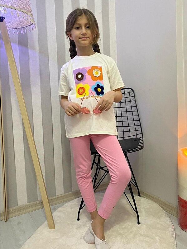 Mnk Baby & Kids Kız Çocuk 3D Çiçek Motifli Yazlık Taytlı Badi Takım M00713