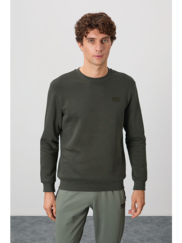 Air Jones Haki Bisiklet Yaka Şardonlu Rahat Form Basic Erkek Sweatshirt - 88137