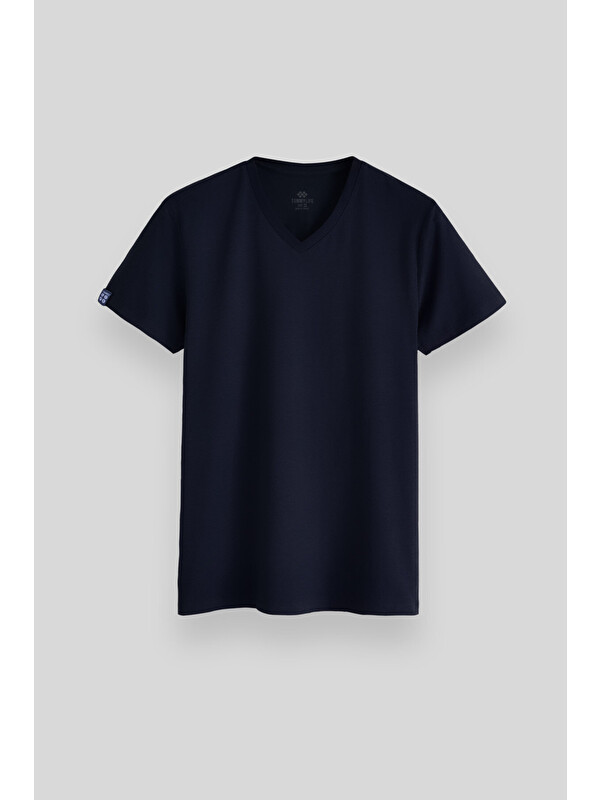 Tommylife Lacivert Basic Kısa Kol Standart Kalıp V Yaka Erkek Tişört - 87912
