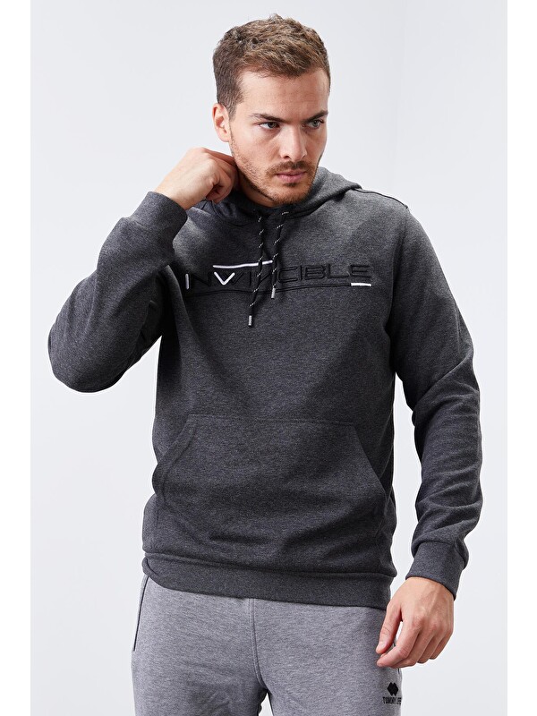 Tommylife Antrasit Melanj Kanguru Cep Standart Kalıp Kapüşonlu  Erkek Hoodie - 87883