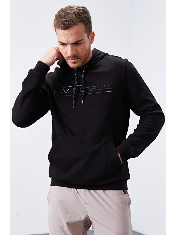 Tommylife Siyah Kanguru Cep Standart Kalıp Kapüşonlu  Erkek Hoodie - 87883