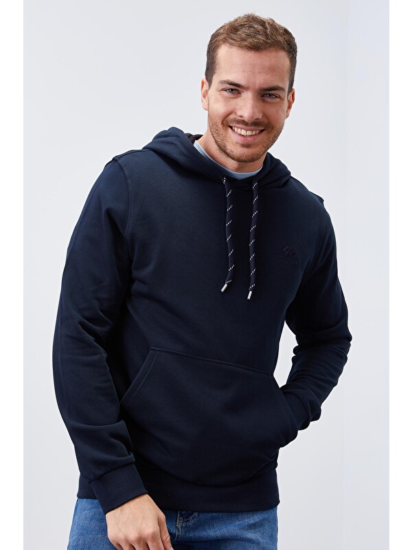Tommylife Lacivert Kanguru Cep Standart Kalıp Kapüşonlu  Erkek Hoodie - 87872