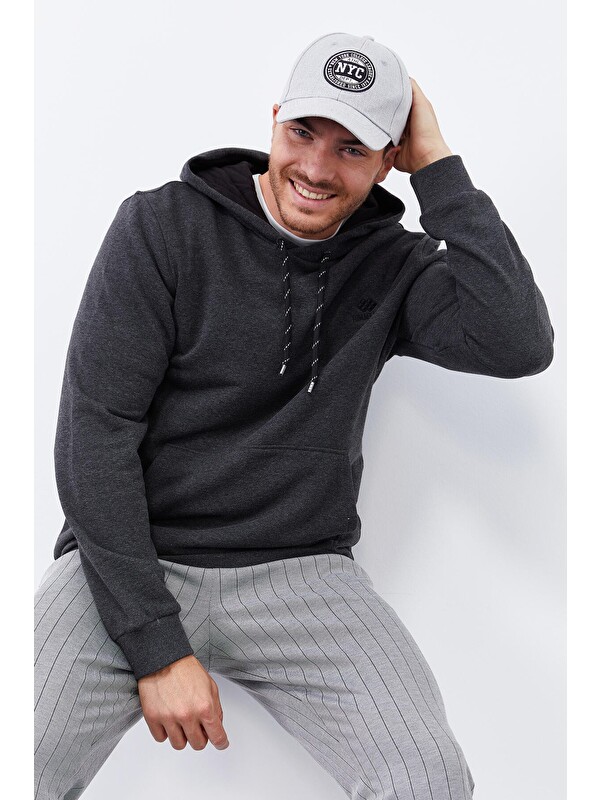 Tommylife Antrasit Melanj Kanguru Cep Standart Kalıp Kapüşonlu  Erkek Hoodie - 87872