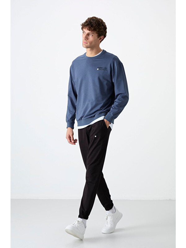 Tommylife Petrol - Siyah Casual O Yaka Lastik Paça Erkek Oversize Eşofman Takımı - 85120