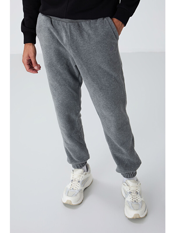 Tommylife Gri Melanj Gizli Fermuarlı Rahat Form Lastik Paça Polar  Eşofman Alt - 84866