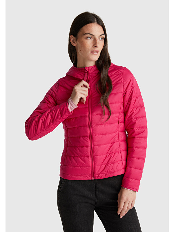 United Colors Of Benetton Kadın Fuşya Polyester Dolgulu Feramuarlı Kapüşonlu Slim Fit Puffer Mont