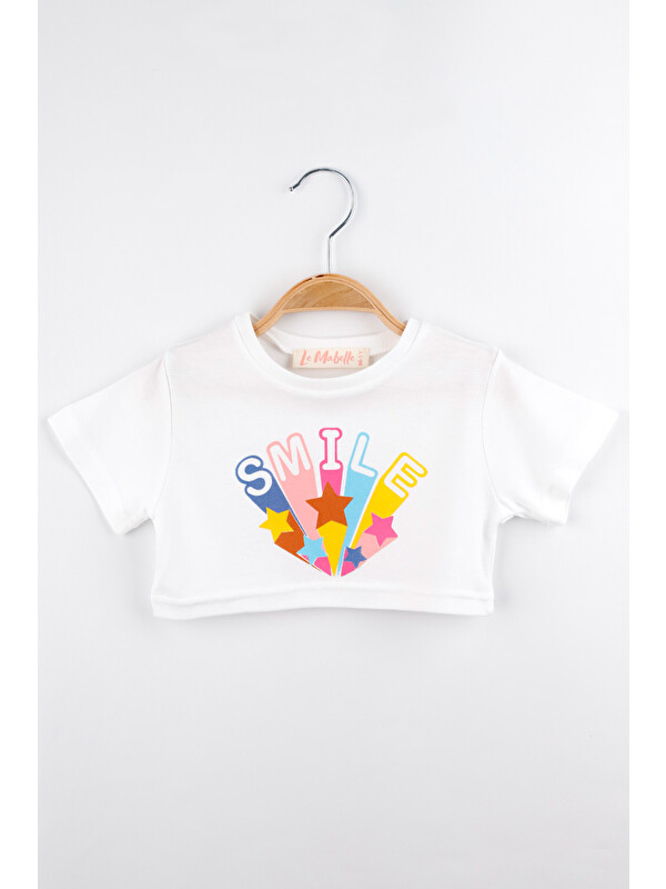 Le Mabelle Beyaz Smile Yıldız Baskılı Kız Çocuk Crop Tişört - Becky