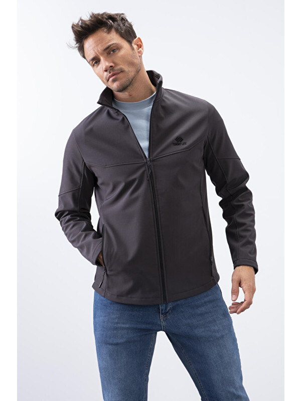 Tommylife Antrasit Fermuarlı Dik Yaka Su ve Rüzgar Geçirmez Softshell Erkek Ceket - 88050