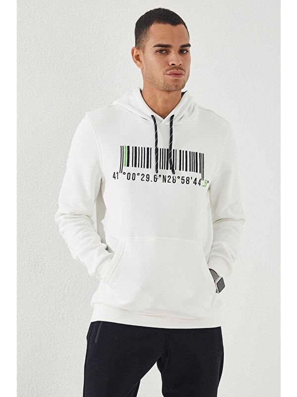 Tommylife Ekru Nakışlı Kanguru Cep Standart Kalıp Kapüşonlu  Erkek Hoodie - 87839