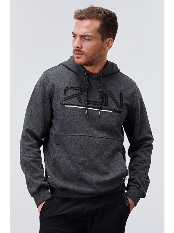 Tommylife Antrasit Melanj Yazı Nakışlı Standart Kalıp Kapüşonlu  Erkek Hoodie - 87887