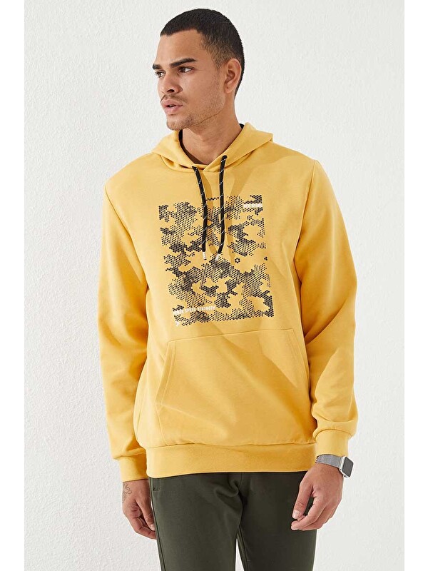 Tommylife Hardal Kamuflaj Desen Baskılı Standart Kalıp Kapüşonlu  Erkek Hoodie - 87884