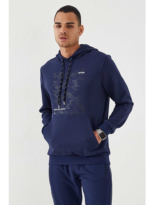 Tommylife İndigo Kamuflaj Desen Baskılı Standart Kalıp Kapüşonlu  Erkek Hoodie - 87884