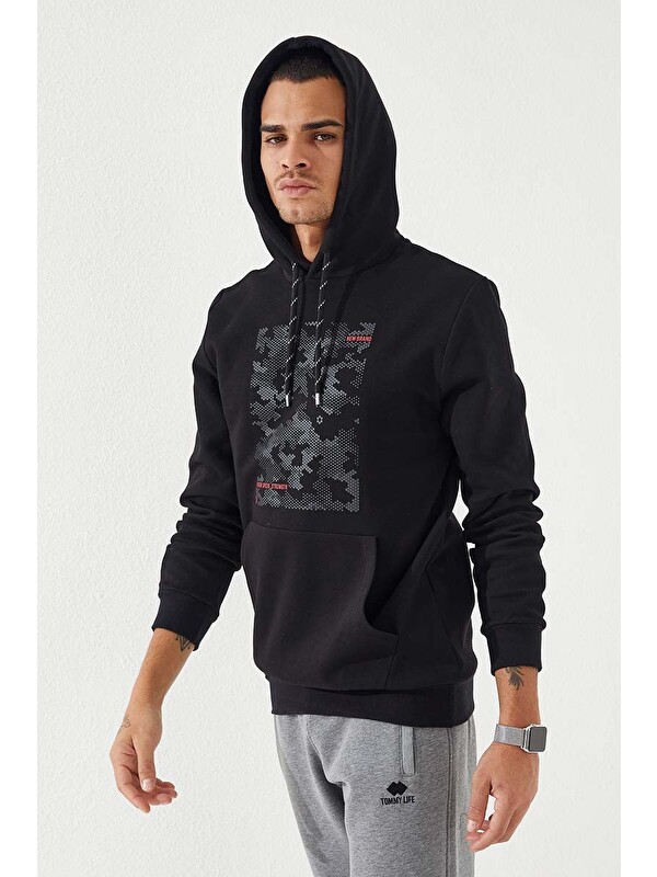 Tommylife Siyah Kamuflaj Desen Baskılı Standart Kalıp Kapüşonlu  Erkek Hoodie - 87884