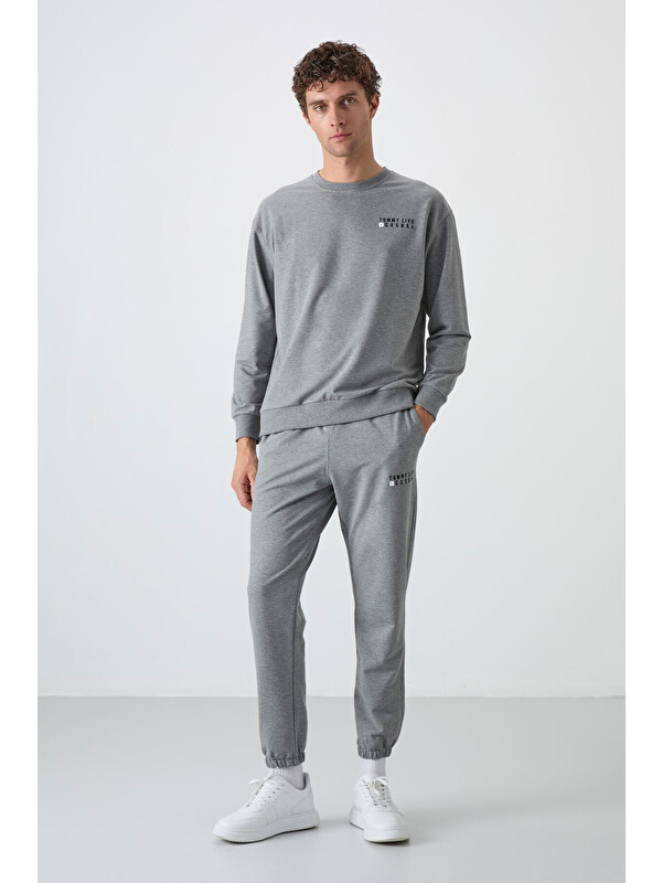 Tommylife Gri Melanj Casual O Yaka Lastik Paça Erkek Oversize Eşofman Takımı - 85120