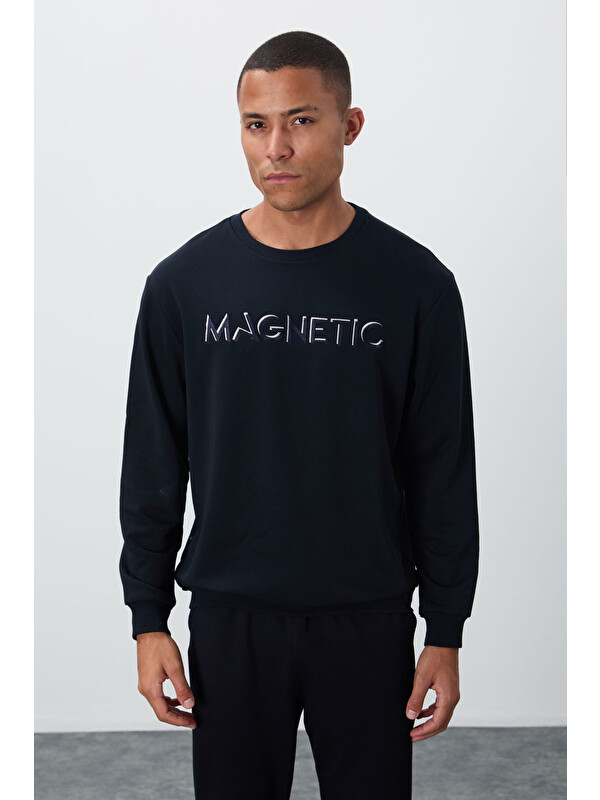 Tommylife Lacivert Yazı Nakışlı Bisiklet Yaka Rahat Form Erkek Sweatshirt - 88020
