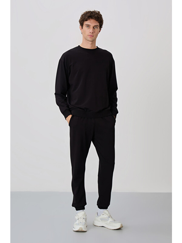 Tommylife Siyah Casual Bisiklet Yaka Lastik Paça Erkek Oversize Eşofman Takımı - 85120
