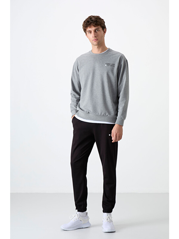 Tommylife Gri Melanj - Siyah Casual O Yaka Lastik Paça Erkek Oversize Eşofman Takımı - 85120