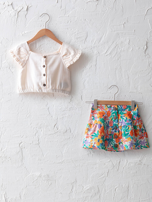 LCW baby Blouse en Coton à Col Carré et Manches Courtes avec Jupe Ensemble 2 Pièces