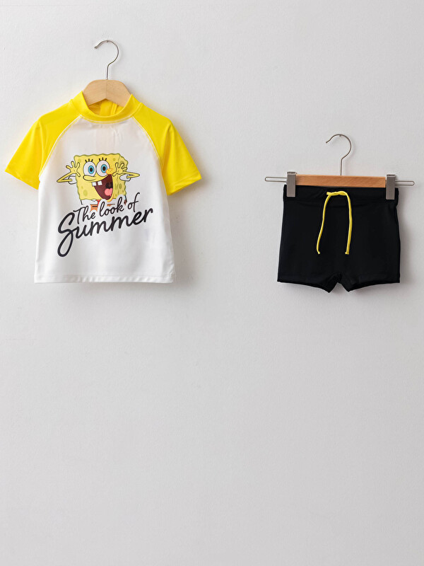 LCW baby Crew Neck Short Sleeve SpongeBob Printed Baby Boy Swimming Suit