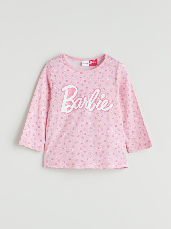 LCW Kids Bisiklet Yaka Barbie Baskılı Kız Çocuk Pijama Üst