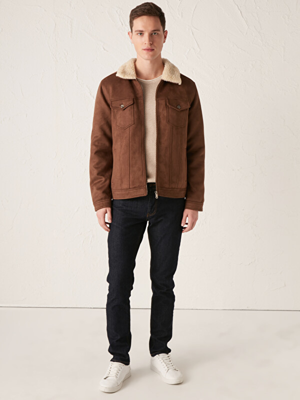 LCW Vision Slim Fit Fur Collar Suede Coat