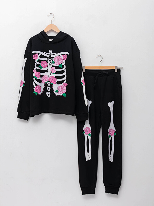 LCW Kids Hooded Printed Long Sleeve Girl Sweatshirt and Sweatpants