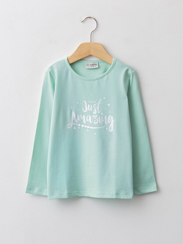 LCW Kids Crew Neck Printed Long Sleeve Cotton Girl T-shirt