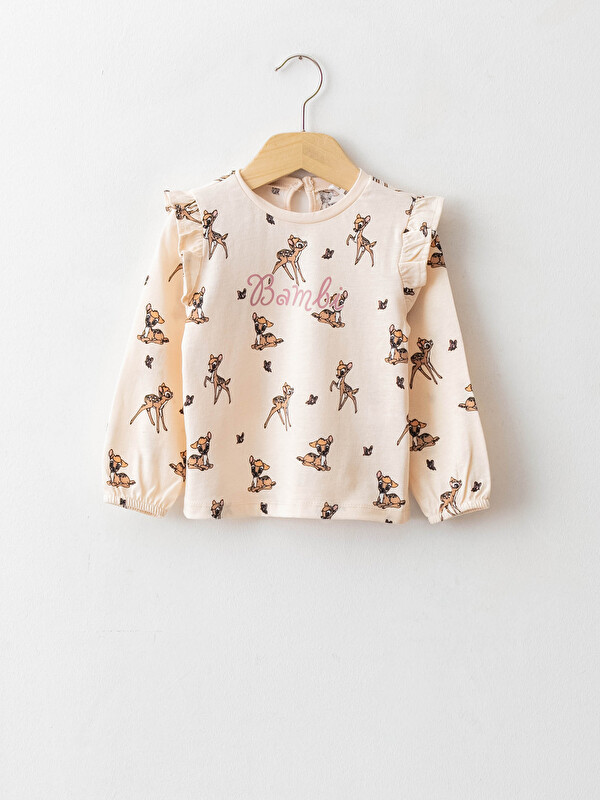 LCW baby Crew Neck Long Sleeve Cotton Bambi Printed Baby Girl T-Shirt