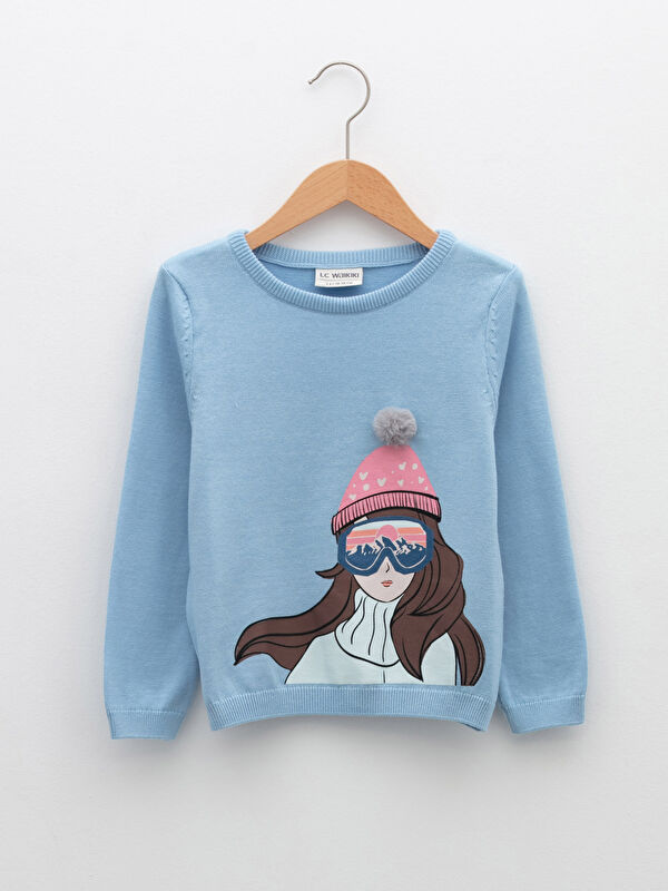 LCW Kids Crew Neck Printed Long Sleeve Girl Tricot Sweater