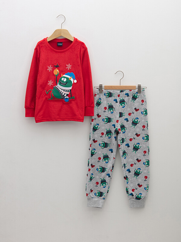 LCW Kids Ensemble de pyjama en velours à manches longues à thème de Noël col rond pour garçons