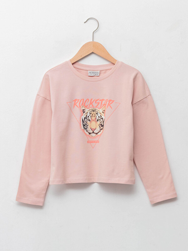 LCW Kids T-shirt Fille en Coton à Manches Longues Imprimé Col Rond