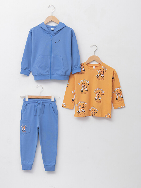 LCW baby Set 3 Bucăți Hanorac cu Fermoar, Tricou și Pantaloni Jogger Imprimat cu Mânecă Lungă pentru Bebeluși Băieți