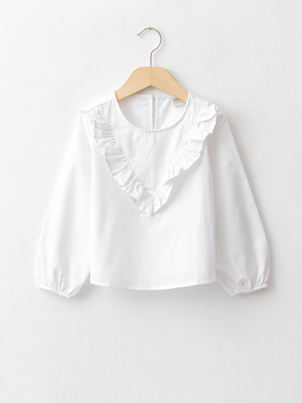 LCW Kids Crew Neck Ruffle Detail Long Sleeve Poplin Girl Blouse