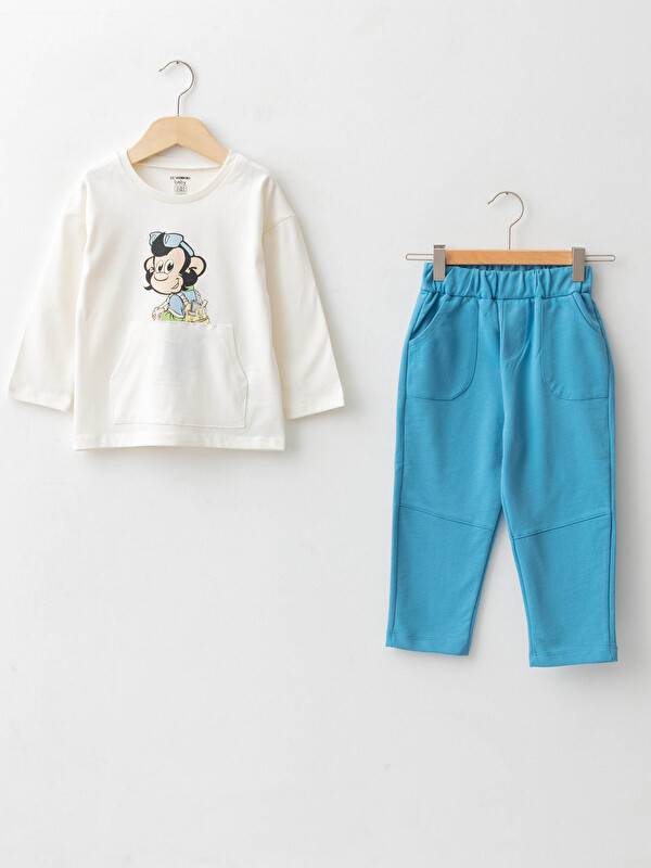 LCW baby Crew Neck Long Sleeve Nostalgic Monkey Printed Cotton Baby T-Shirt and Pants 2-Pack