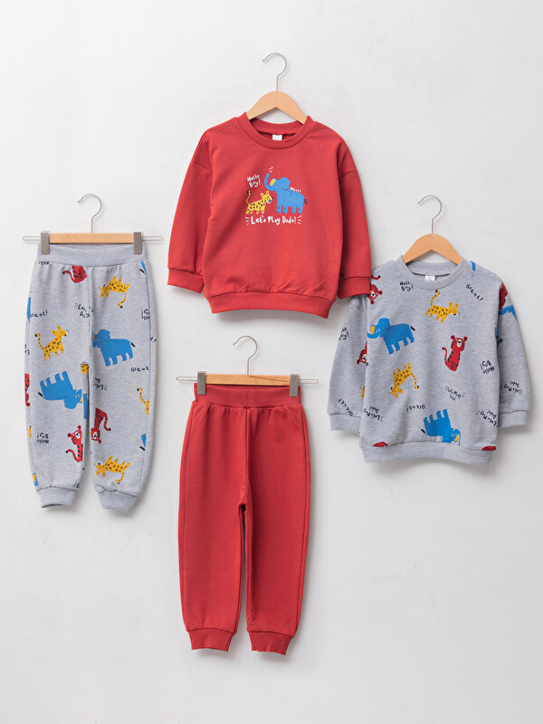 LCW baby Crew Neck Long Sleeve Printed Baby Boy Sweatshirt and Jogger Pants 4-Piece Set