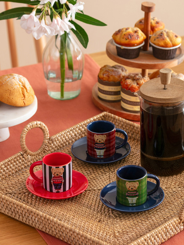 LCW HOME Teddy Bear Printed Porcelain Coffee Cup Set for 3 Persons 90 Ml