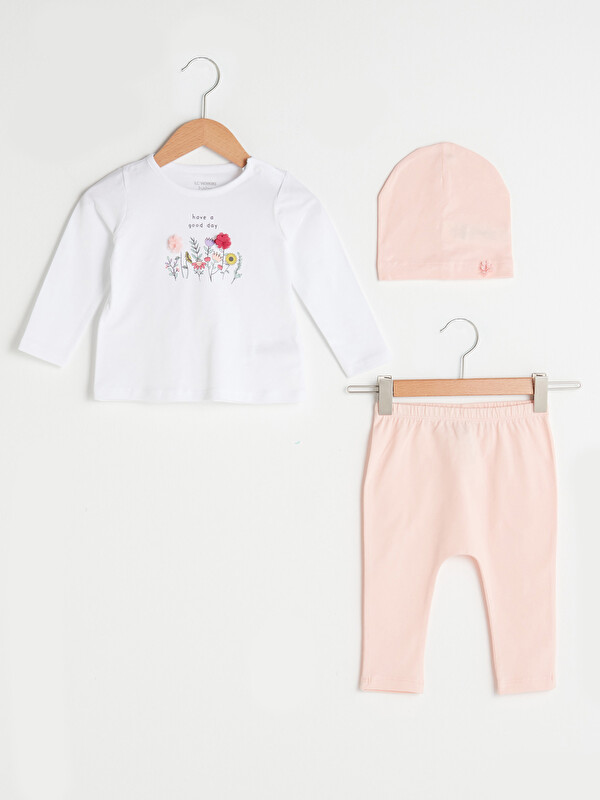 LCW baby Ensemble 3 Pièces Bébé Fille en Coton Imprimé à Manches Longues et Col Rond