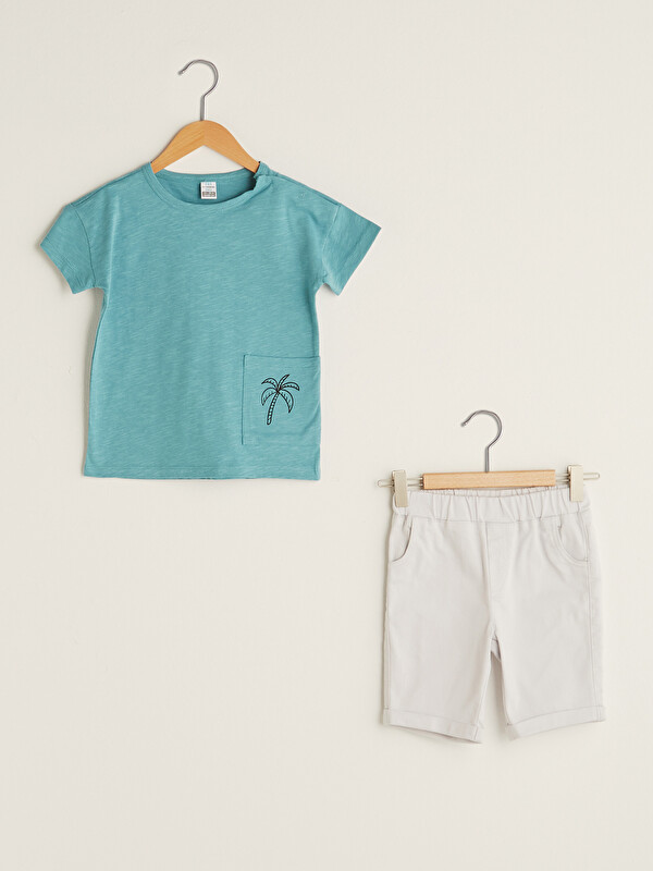 LCW baby Crew Neck Short Sleeve Printed Baby Boys' T-Shirt and Shorts 2 Pack Set