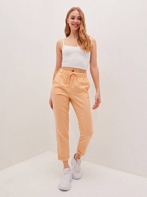 LCW Vision Elastic Waist Wide Fit Pocket Detailed Linen Fabric Women's Trousers