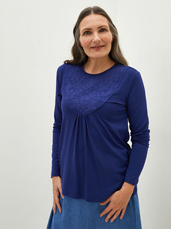 LCW Grace Crew Neck Embroidered Long Sleeve Viscose Women's Blouse
