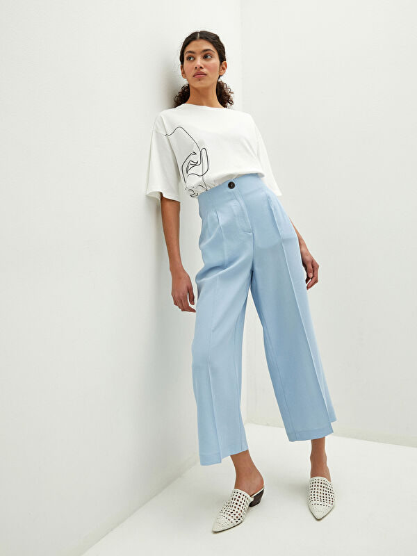 LCW Vision High Waist Plain Wide Fit Ankle Size Women Capri
