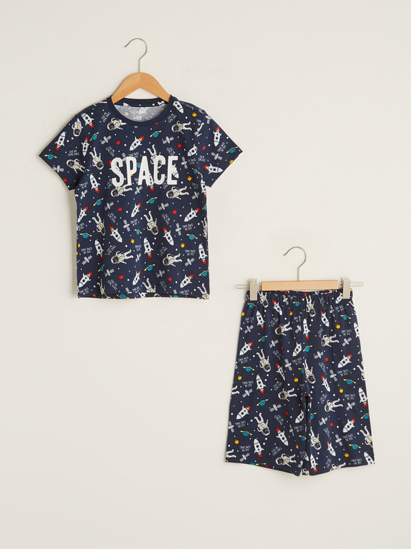 LCW Kids Crew Neck Printed Short Sleeve Cotton Boys' Shorts Pyjamas Set