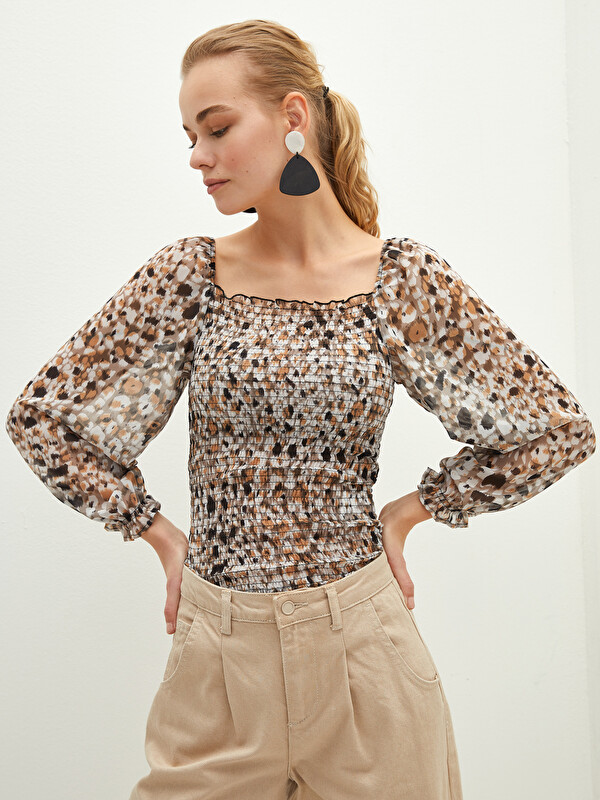 LCWAIKIKI Classic Square Neck Floral Long Sleeve Chiffon Women's Blouse